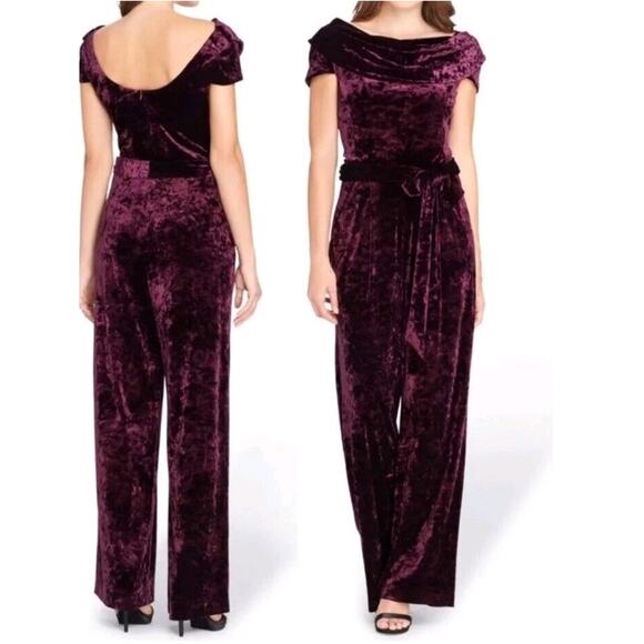 Arthur Tahari Deep Purple Crushed Velvet Off The Shoulder Jumpsuit Sz 16 Dark - Picture 1 of 8